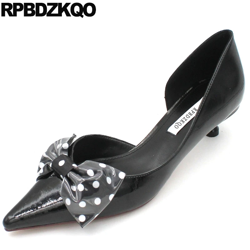 

pumps polka dot stiletto patent leather medium heels women bow beige european designer shoes black pointed toe kitten sweet 2019