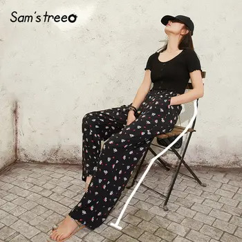 

SAM'S TREE Black Graphic Print Straight Chiffon Women Wide Leg Pants 2020 Spring Elastic Waist Loose Casual Ladies Daily Trouser