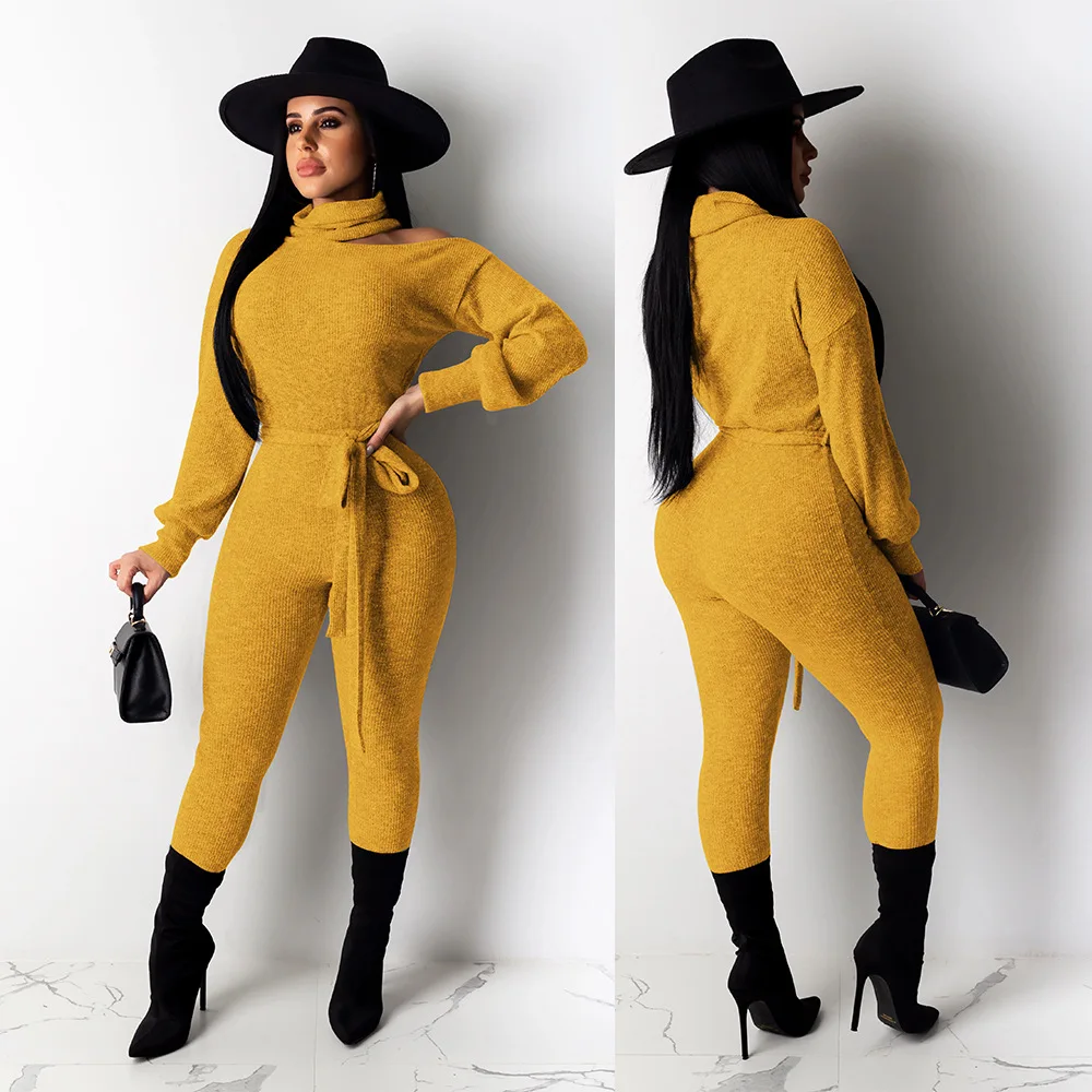 New Winter Women Skinny Jumpsuits High Collar Full Sleeve Solid Sashes sexy Night Club Rompers One Piece Outfits