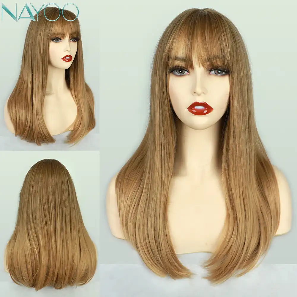Ombre Naturalnye Volnistye Pariki Dlya Zhenshin Sinteticheskie Pariki S Chelkoj Srednej Dliny Bob Pricheska Medovyj Korichnevyj Kosplej Vechernie Pariki Myagkie Volosy Aliekspress