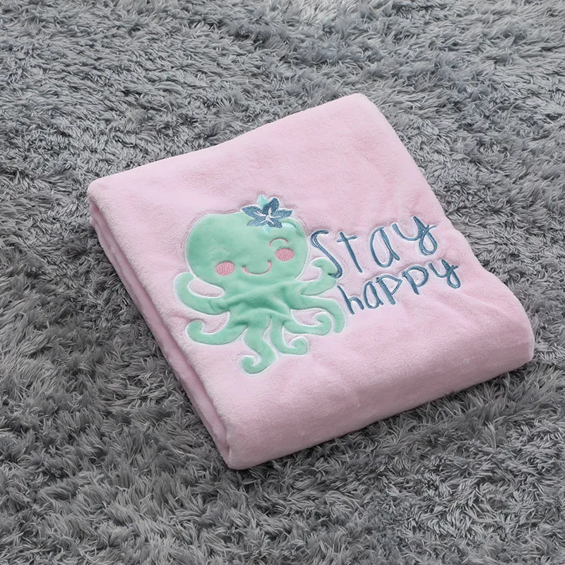 Pink Octopus Милое Фланелевое вышитое детское одеяло для новорожденных, Сова, лиса, пингвин, Детское покрывало, ковровое покрывало для коляски, Коралловое бархатное лоскутное одеяло, детское постельное белье - Цвет: Pink Octopus