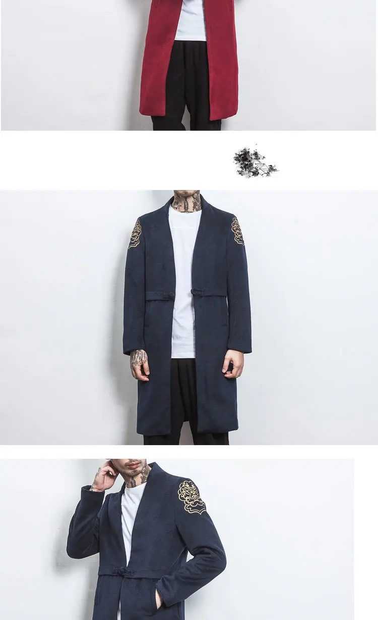 Chinese Style Autumn Winter Gold Embroidery Mid Long Coat Men Chaqueta Hombre Navy Red Frog Button Overcoat 5xl