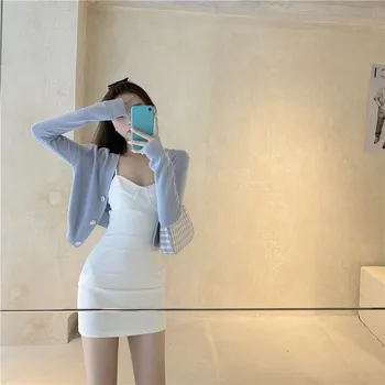 

L Summer V-neck Long Sleeve Knitted Cardigan + Slim Fit Sheath Dress