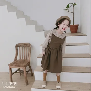 

2PCS WLG spring girls clothing set kids plaid shirt and solid brown dress set baby girl casual all match clothes 3-7 years