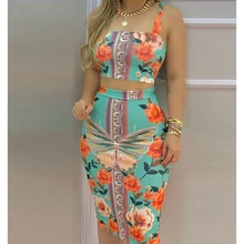 

Mandylandy Blue Butterfly Dress Sets Women Sexy Vest Printed Pencil Skirts 2 Piece Sets Outfits Beach Wear Short Tops Skrit Sets