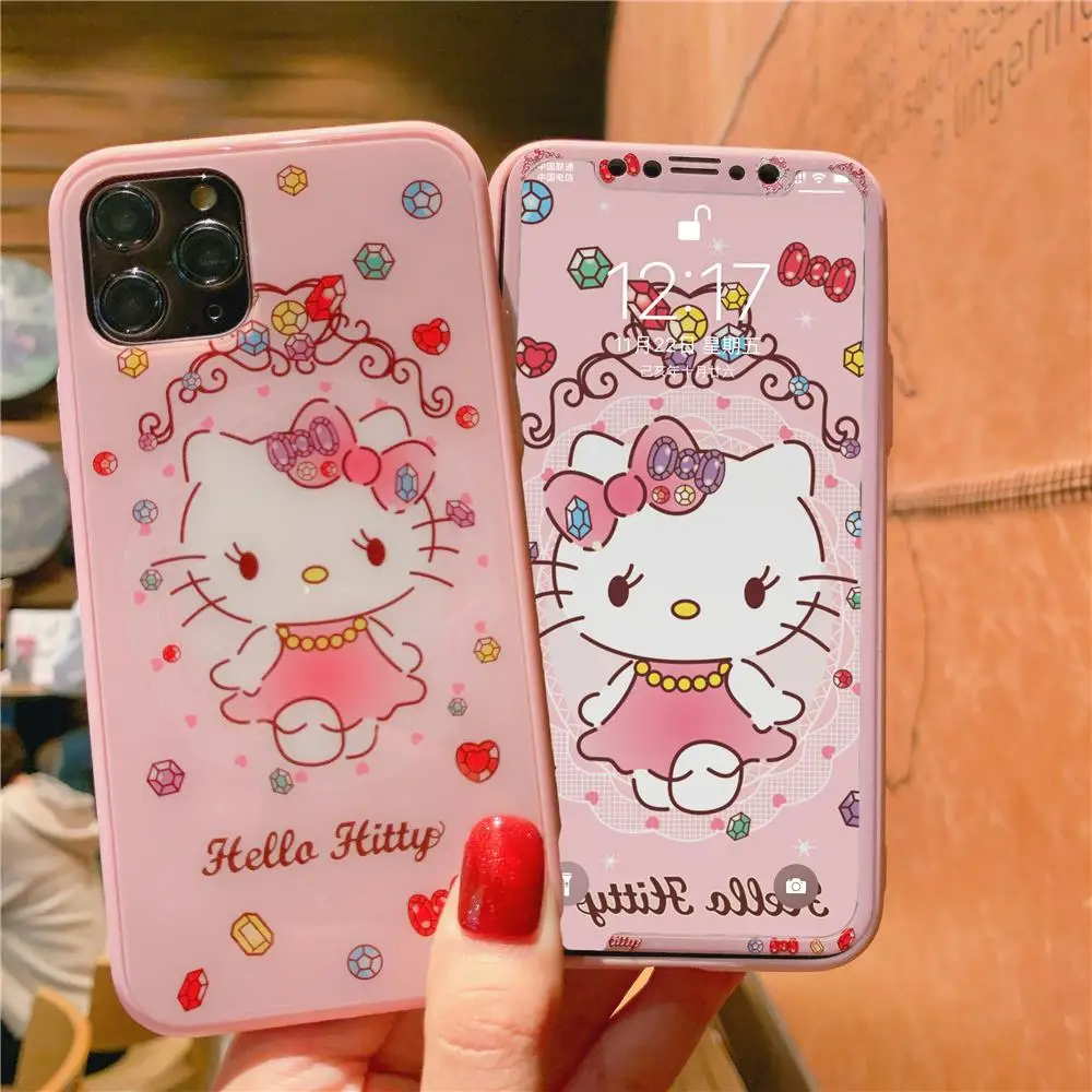 Кимоно Hello kitty закаленное стекло из двух частей чехол для телефона для iphone 11 Pro 6 6splus 7 8 plus X XR XS MAX аниме закаленное покрытие