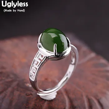 

Uglyless Natural Green Jade Jasper Gemstones Rings for Women Party Statement Open Rings Real 925 Silver Adjustable Jewelry R1045
