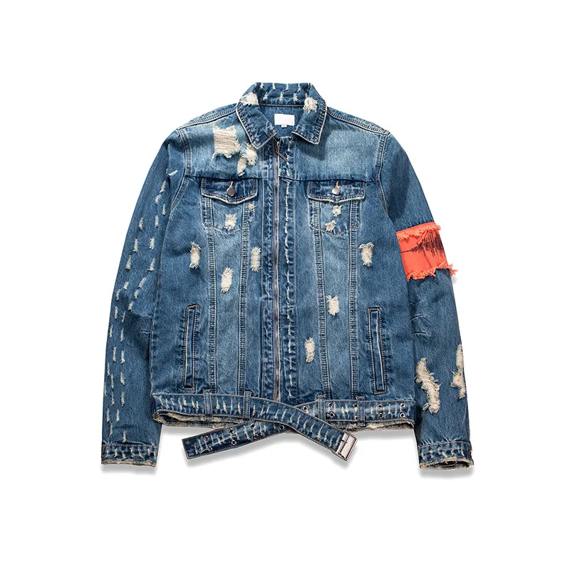 

Hip Hop Overcoats Casual Streetwear Unisex Punk Destroyed Jeans Flight Jacket Men Ripped Denim Patchwork Hole Jean Jackets