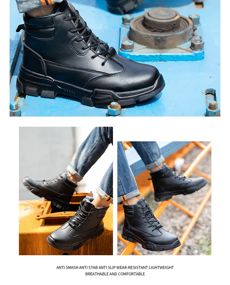 Winter Plus Velvet High-top Safety Shoes Steel Toe Cap Anti-smash Anti-stab Protection Shoes Lightweight Comfortable Work Boots