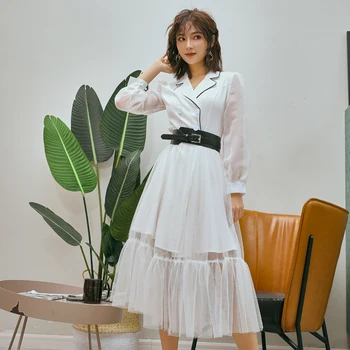 

2020 Fall Temperament Office Lady Long Sleeve Notched Neck Suit Dresses Women Elegant Mesh Patchwork Midi Dress Vestido De Festa