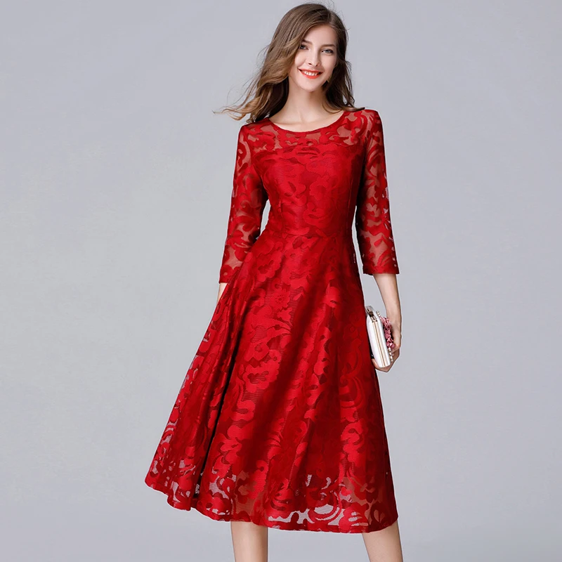 

TAOYIZHUAI autumn new arrival long lace dress vintage style o neck big size two color fit and flare empire waist women dress