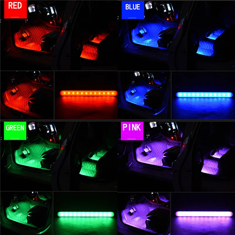 Автомобиль RGB музыкальное управление светодиодные полосы света Интерьер автомобиля декоративный атмосфера Автоматическая RGB дорожка пол световая полоса дистанционного управления 12 В