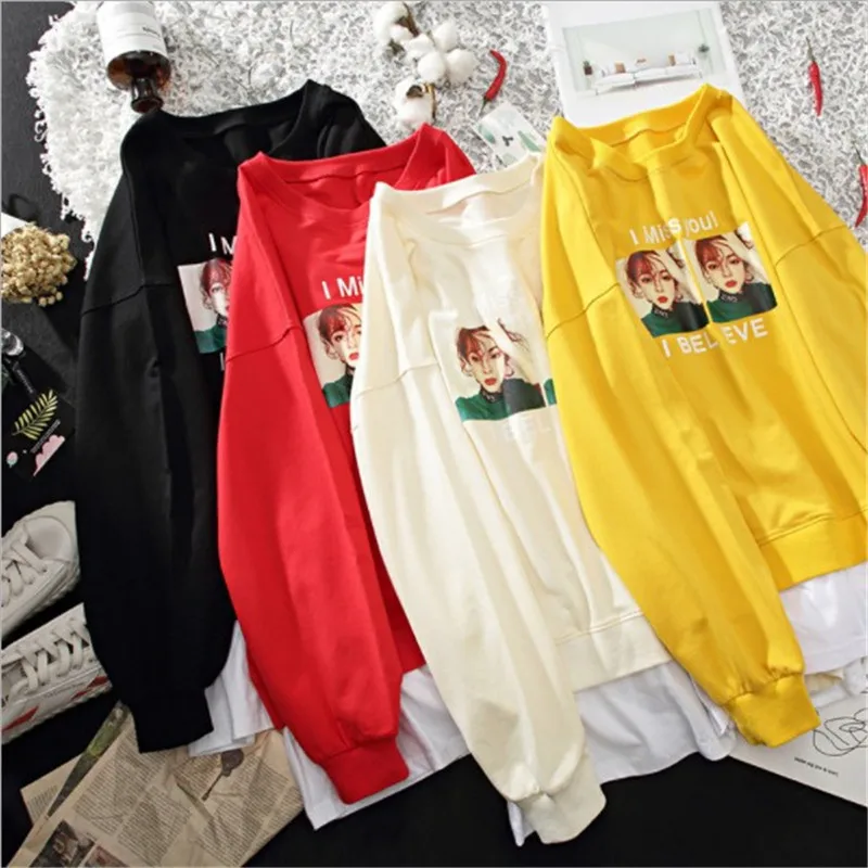 

Women Patchwork Hoodies Character Print Sweatshirt Harajuku Spring Girl Loose Pullovers High Street Casual Black Outerwear Femme