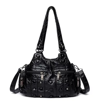 

PU Leather Shoulder Bag for Women Washed Distressed Fashion Handbag Rivet Vintage Bags 2020 New Female Package Black Hobos