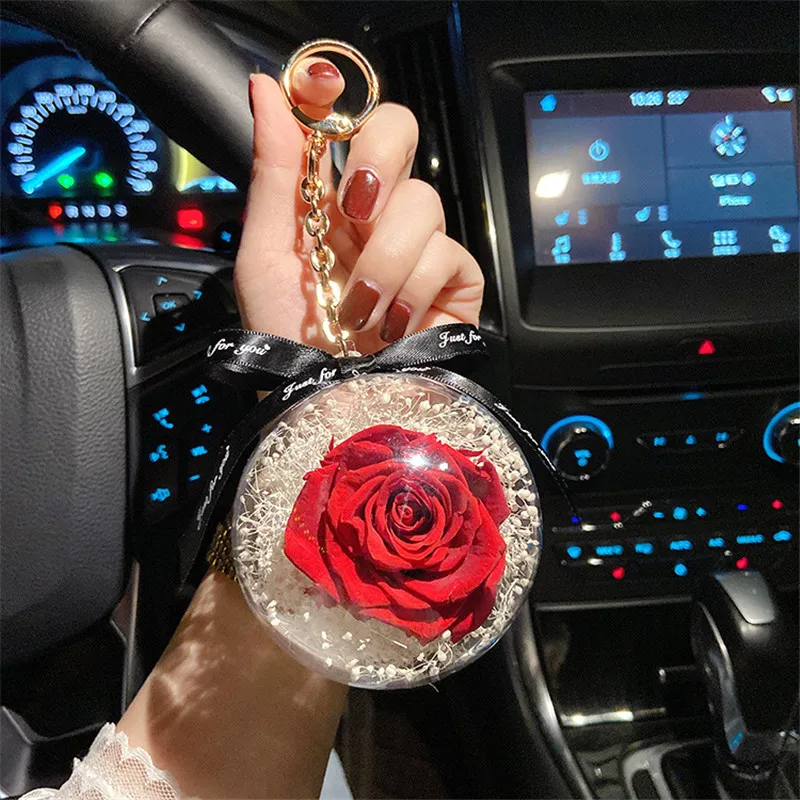 Natural Preserve Rose Flower Keychain 8cm Big Acrylic Round Ball Pedant Car  Hanging Pearl Key Chain Ring Valentine's Day Gift