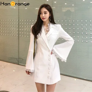 

Office Ladies Single Breasted Blazer Dress 2020 Autumn Fashion Lace Edge Dress Medium Length Elegant Dress