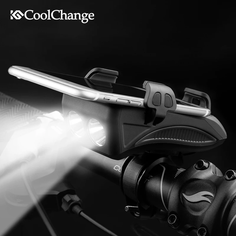 CoolChange Bike Light USB Rechargeable Flashlight Phone Holder Bicycle Highlight 2000/4000mAh Power Bank Cycling Horn Led Light