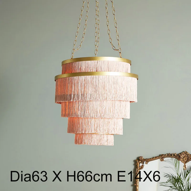 Dia66 H63cm E14X6 Пятиуровневая люстра с бахромой, цветная Золотая люстра, светильник ing, для девочек, комнаты, спальни, свадьбы, хлопковая нить, внутренний подвесной светильник - Цвет абажура: Dia66 H63cm E14X6