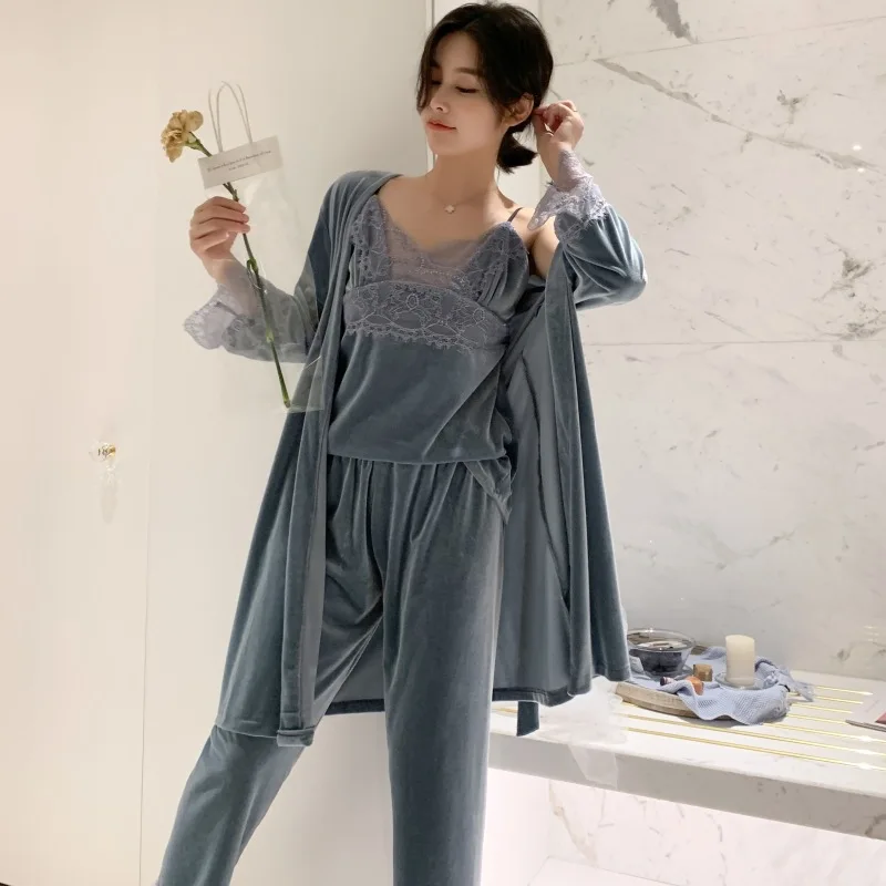 

MECHCITIZ 3 pieces pajamas sets for women2019 winter velvet sleepwear robe pants autumn pijamas sexy lingerie pyjamas bathrobe