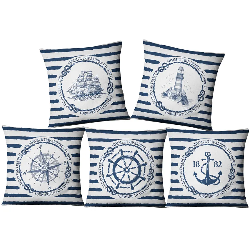 Blue Sea Compass Anchor Cushion Shell Starfish Pillows Mediterranean Throw Linen Pillowcase Home Decorative Decor Sofa Cushions