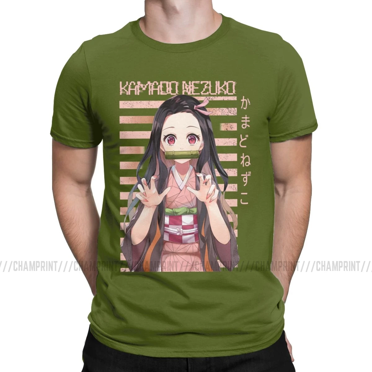 Kamado Nezuko T Shirts Men Cotton Funny T-Shirt Demon Slayer Kimetsu No Yaiba Tanjirou Anime Manga Tees Short Sleeve 6XL - Цвет: Армейский зеленый