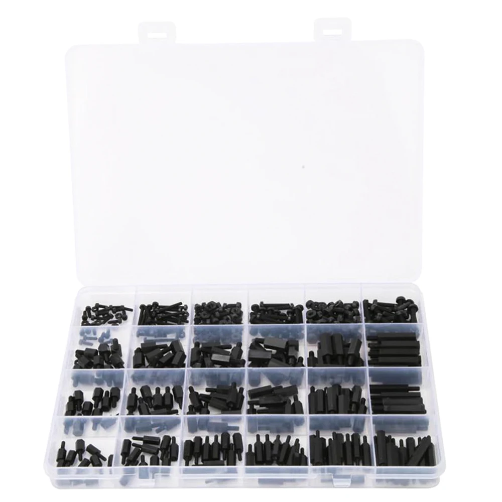 360PCS M2 M2.5 M3 External Thread Internal Thread Nylon Hexagon Gasket Lock Nut Combination Set (Black) with Tools