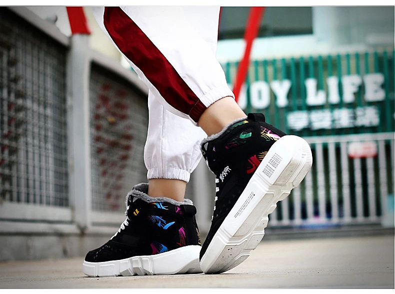 High Top Sneakers Warm Winter Plush Women Shoes Graffiti Platform Sneakers White Lover Shoes Size 11 Zapatos De Mujer