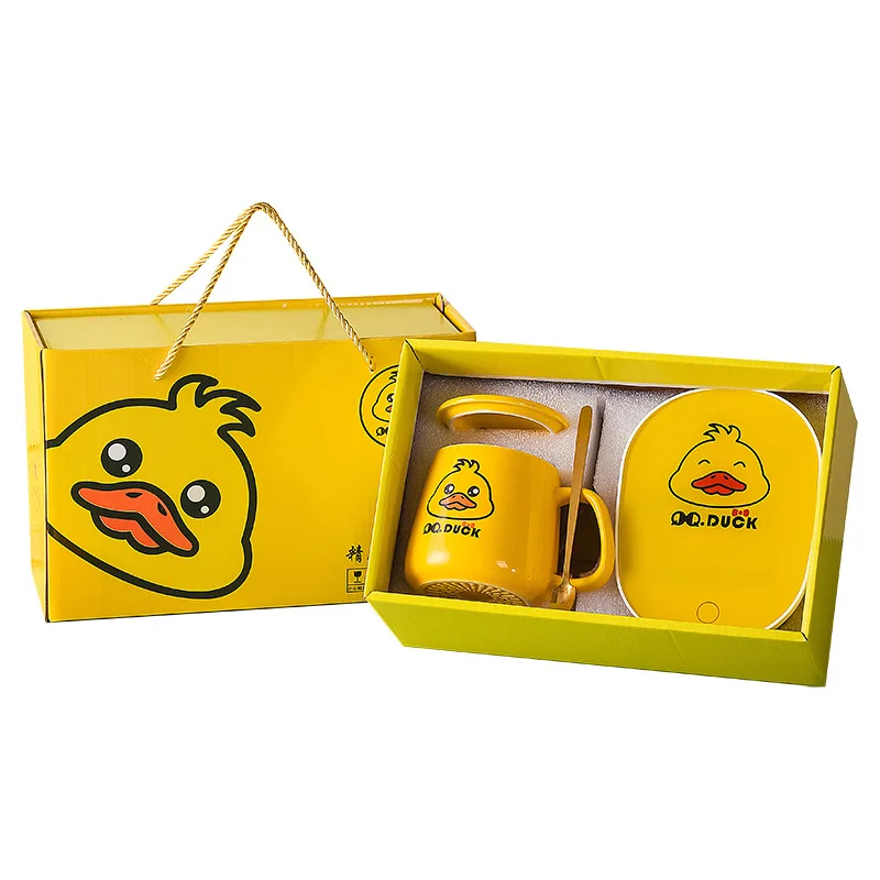 

Little Yellow Duck Mug Smart Constant Warm Cup Milk Coffee Heating Insulation Coaster Attemperator With Spoon Gift Package