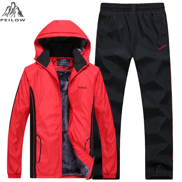 US $29.11 Winter Men Set Casual Warm Thick Hooded JacketPants Two pieces clothing Men Inner wool Outwear Tra