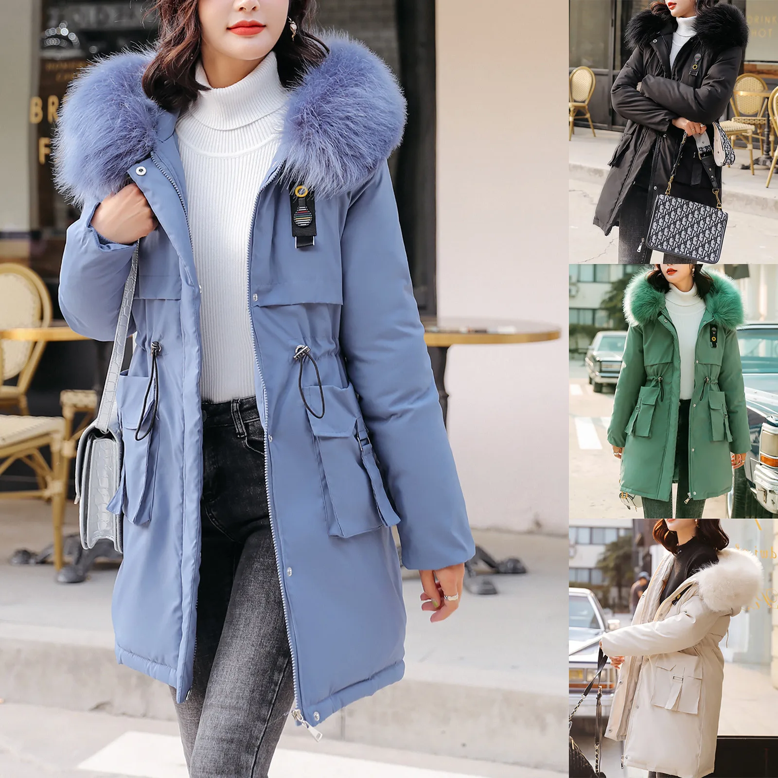 

Women Warm Fur-collar Plus Size Buttons Zipper Coat Windbreaker Long Outerwear
