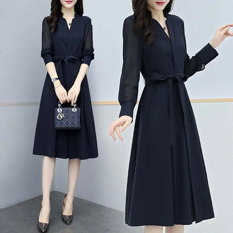 

2019 New Style WOMEN'S Dress Spring Clothing Dress V-neck Waist Hugging Slimming Base Skirt French Long Sleeve Elegant Chiffon S