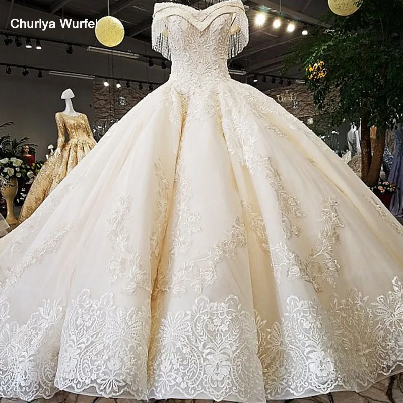 

LS54110 2018 Luxury wedding dress sweetheart ball gown lace up ivory and champagne bridal wedding gowns long train as photos
