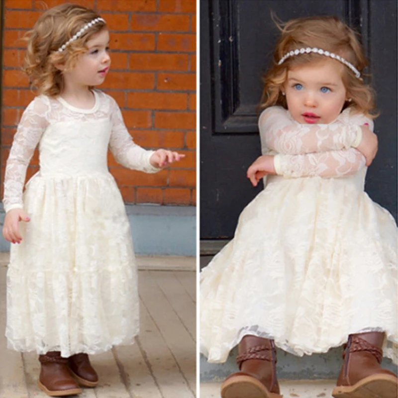 2 -12 Yrs Baby Girl Lace Maxi Dress Big Bow Long Sleeve Elegant Flower Princess Party Wedding Evening Frocks Prom Dresses Girls