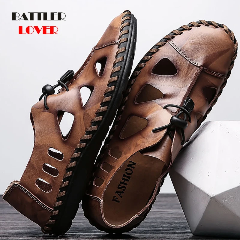 New Summer Sandals Men Breathable High Quality Genuine Leather Sandals Man Flats Fashion Casual Beach Mens Shoes Plus Size 38-48