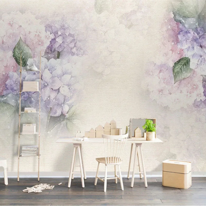 Custom 3D Wallpaper Modern Purple Hydrangea Flowers Leaf Butterfly Wall Painting Living Room Bedroom Romantic Home Decor Fresco |