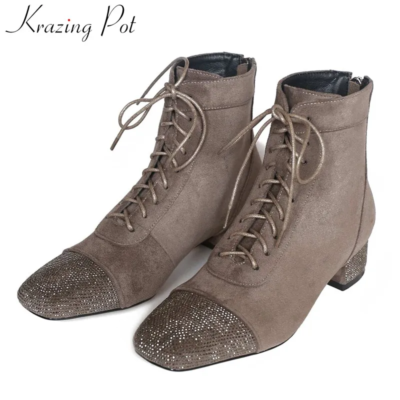 

krazing pot mixed colors shiny bling crystal square toe lace up flock med heels winter keep warm women fashion ankle boots L75