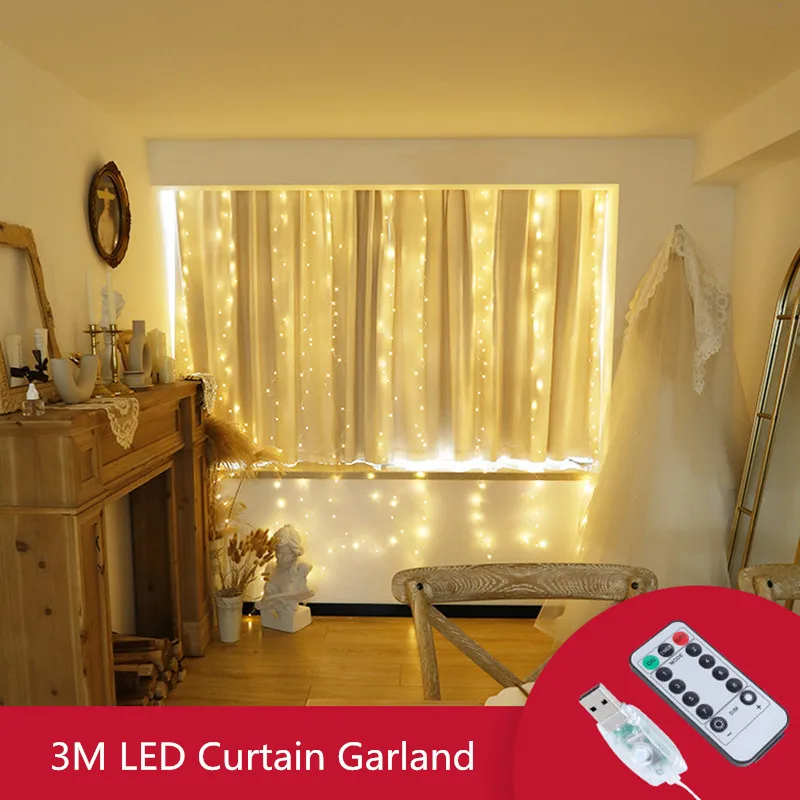 3M LED Curtain Festoon Light USB Remote Control Fairy Christmas Garland on The Window String Lights New Year Party Decoration