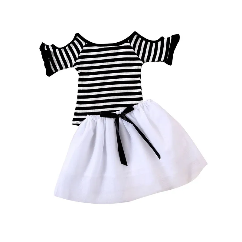 

Striped Sets Newborn Baby Clothes Kids Two Pieces Set Off Shoulder Top Knitted T-Shirt + Cute Bow Skirts Black White Outfit