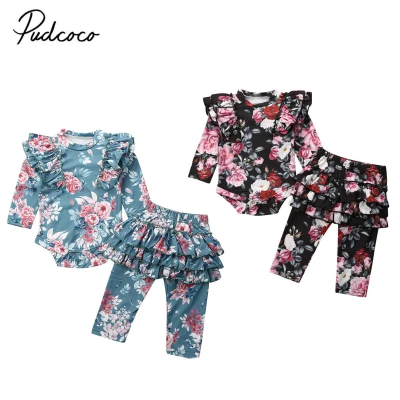 Весенне-осенняя одежда для малышей одежда с цветочным рисунком для новорожденных девочек комбинезон с длинными рукавами и оборками, штаны с оборками, леггинсы, наряд