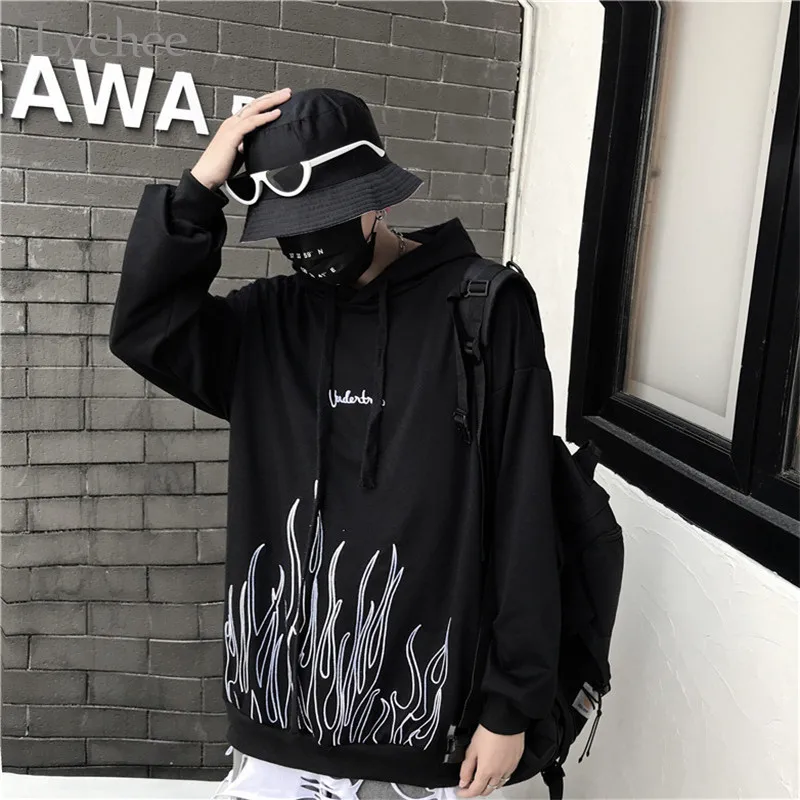 

Lychee Harajuku Flame Letter Embroidery Women Hoodie Sweatshirt Spring Autumn Female Top Sweatshirts Loose Hooded Lady Pullovers