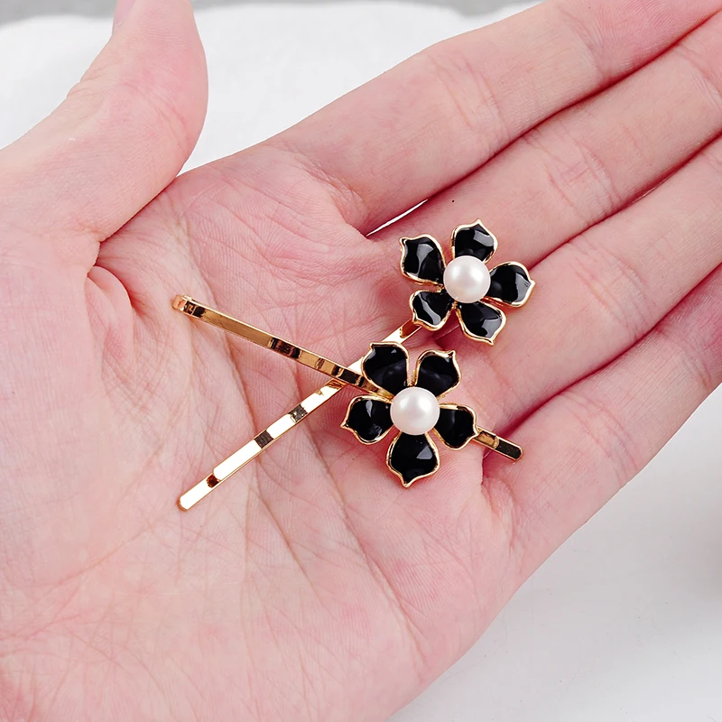 Simple Design Cute Black/Red/White Enamel Flower Hairpin For Women Handmade Date Gift Jewelry