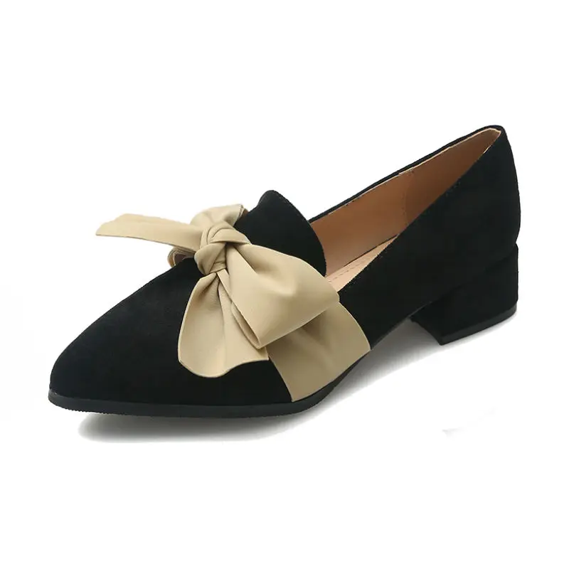 

Pointed Toe Bowtie Front Pumps Women 2019 New Spring Autumn Faux Suede Block Heels Slip On Black Career Office Shoes For Female