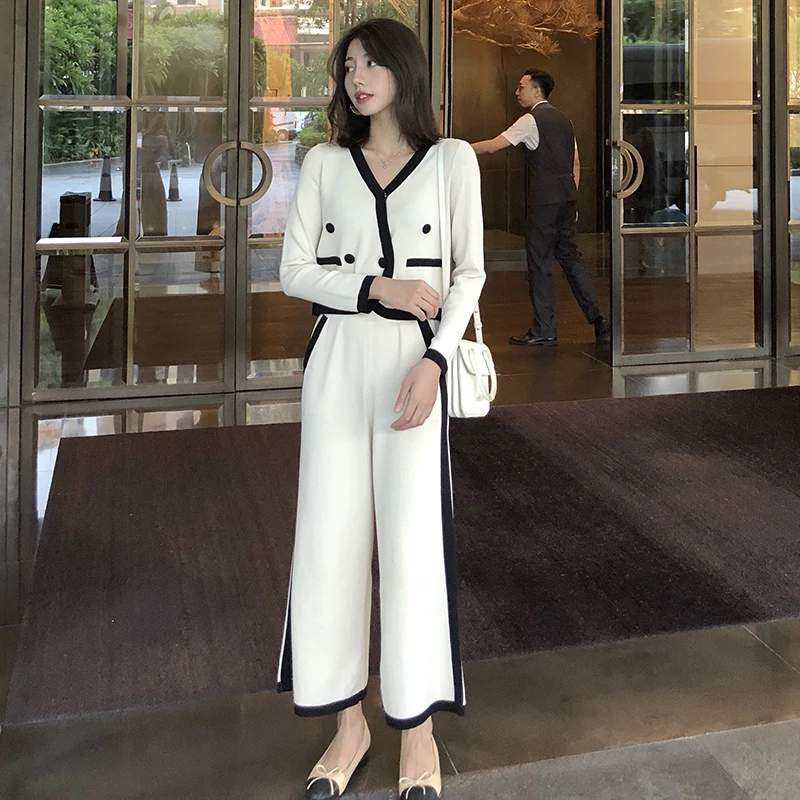 

Ailegogo New Autumn Women Knitted V Neck Short Top Striped Wide Leg Pants Casual OL Single Breasted Sweater Knitwear Female Suit