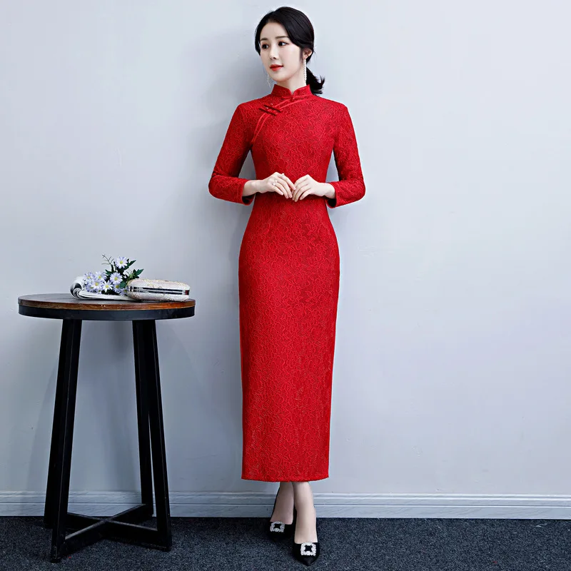 

Sexy Lace Split Cheongsam Handmade Button Qipao Chinese Evening Dress Elegant Slim Long Qipao Plus Size S-4XL