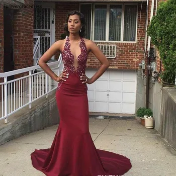 

Vestido de festa Sexy Halter Sleeveless Long Formal Mermaid Wear Graduation Burgundy Applqiues Party Gown African Evening Dress