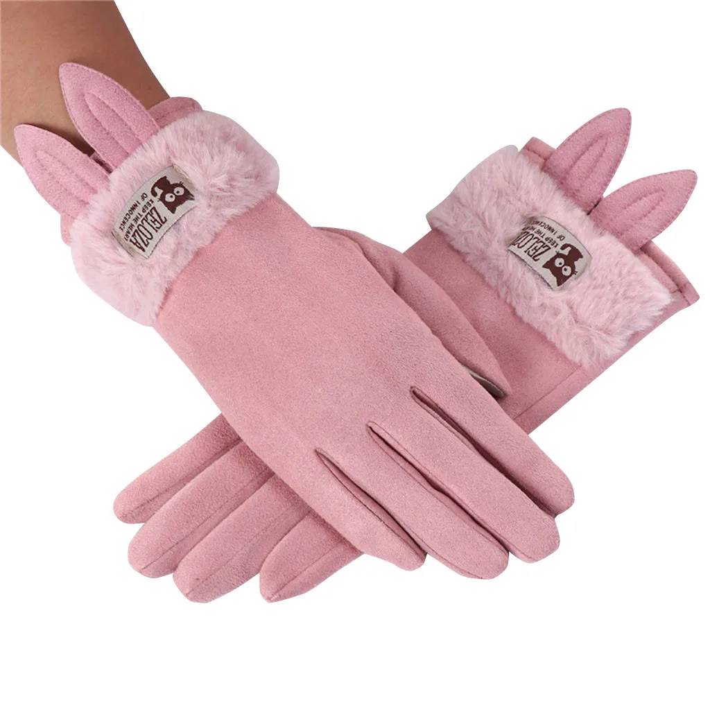 Дизайн, модные женские зимние теплые флисовые теплые перчатки с заячьими ушками из мультфильма, утолщенные теплые варежки, перчатки для телефона - Цвет: Pink A