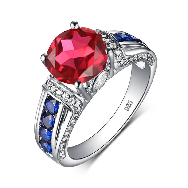 

fashion Brand Gemstone Jewelry Sterling Silver Red Ruby Rings 925 Prong Setting Handmade Creative Design Sapphire Women Bijoux