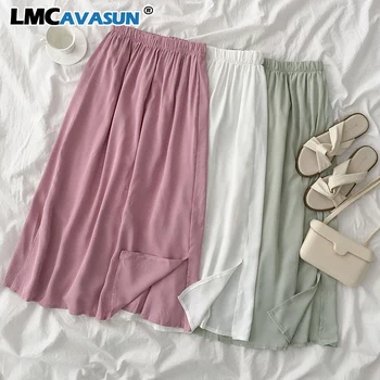 

LMCVASUN Solid Fashion Maxi Skirt Women High Waist Pink White Green Korean A-line Saias Femme Korean Elegant Bottoms