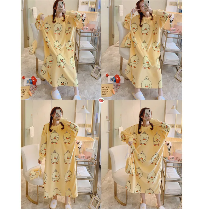 Caiyier/ зимняя фланелевая пеньюар с длинными рукавами, симпатичная одежда для сна с принтом, плотное мягкое Ночное платье с круглым вырезом и сумкой для приема, ночная рубашка