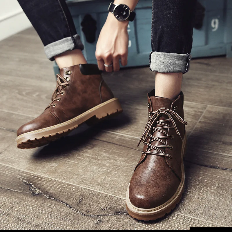 

[Hot Selling Hot Selling] Winter Trend plus Velvet Leather Boot Retro MEN'S BOOTS England Casual Hight-top Martin Boots